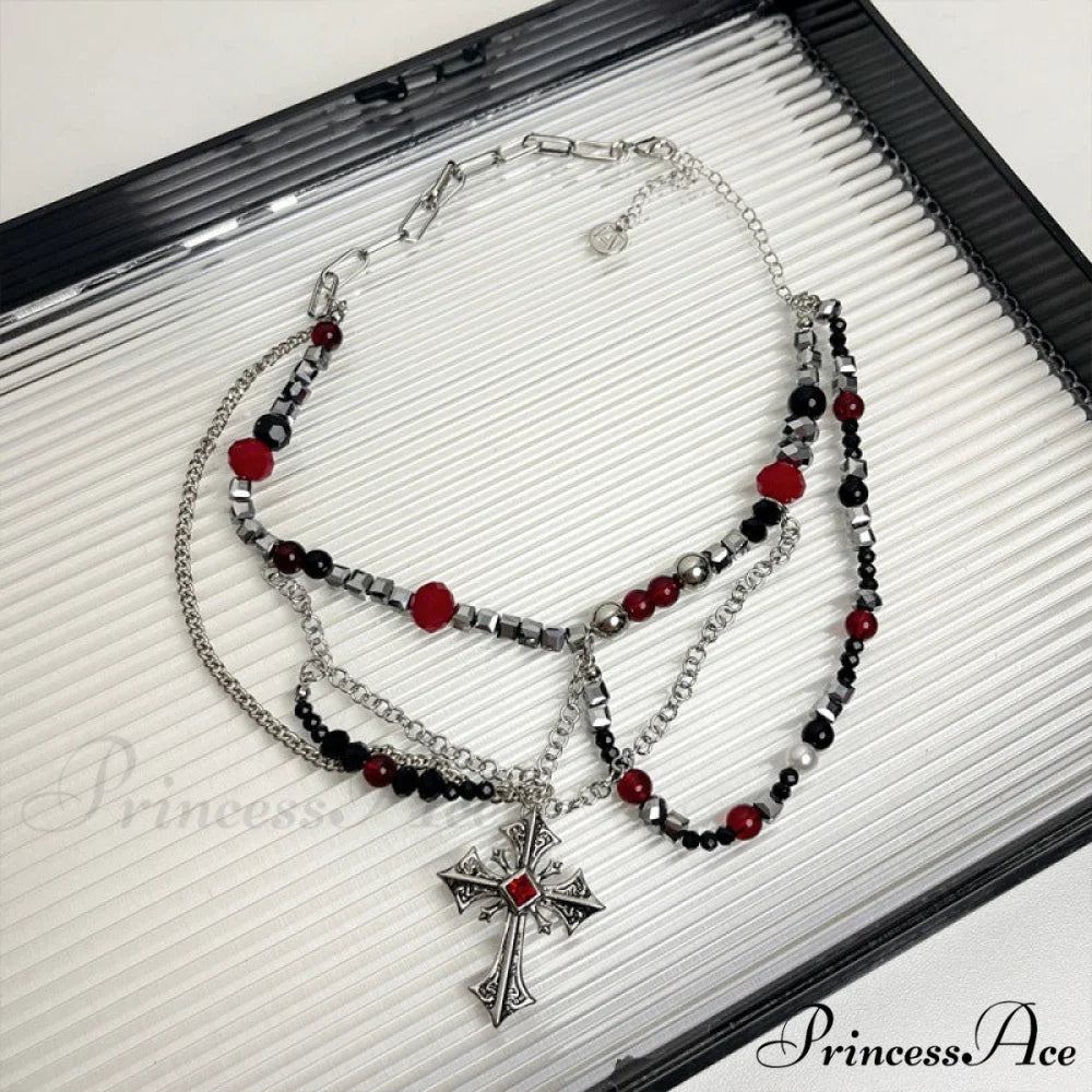 Dark Punk Layered Cross Sweet Cool Beaded Personality Necklace SILVER