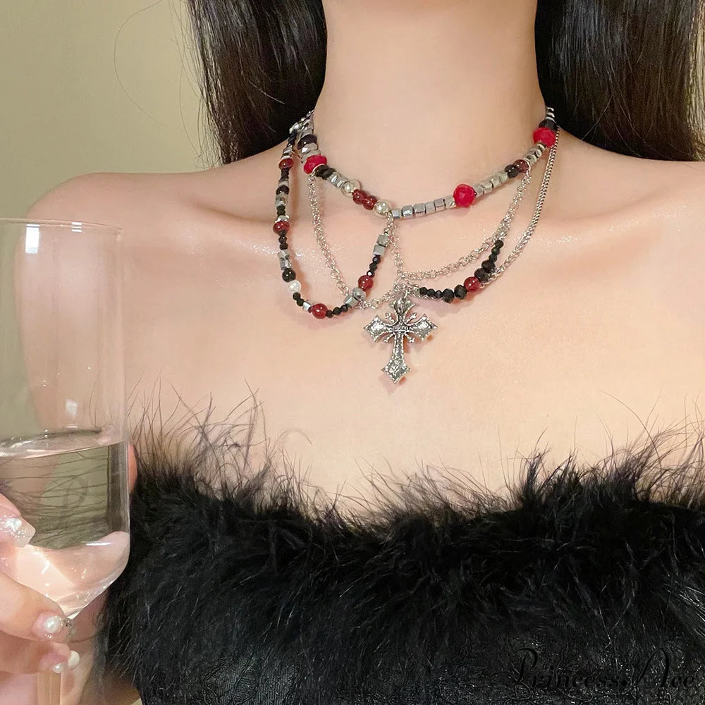 Dark Punk Layered Cross Sweet Cool Beaded Personality Necklace SILVER