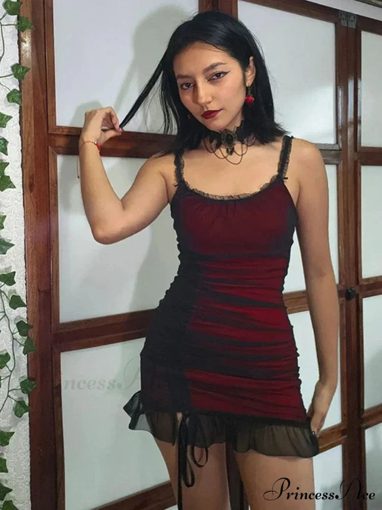 Dark Red Double Mesh Drawstring Ruched Sleeveless Mini Bodycon Vintage Aesthetic Dress