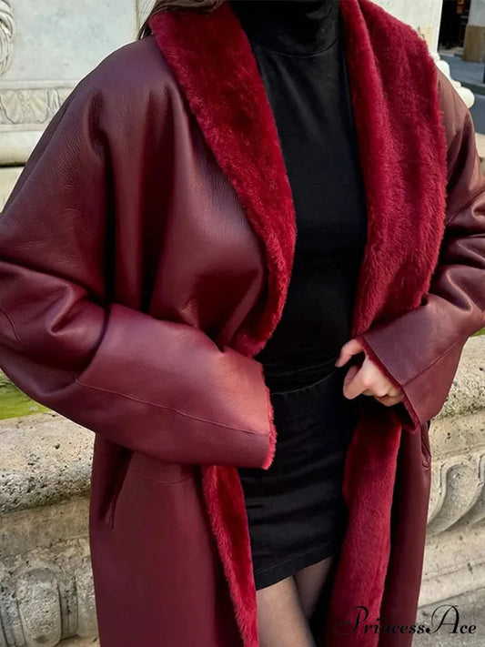Dark Red Sheepskin Belted Coat Red / S