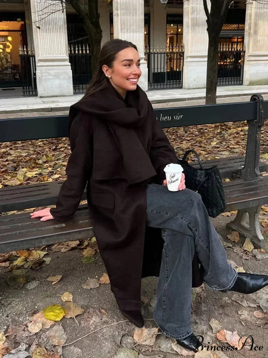 Dark Scarf Collar Woolen Lengthy Coat coats-241228