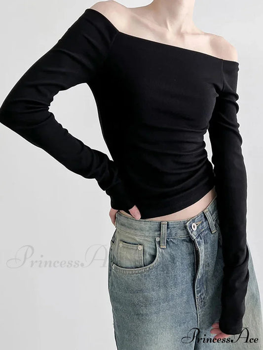 Dark Slash Neck Sophisticated Long Sleeve Slim Knit Top knittop-250126