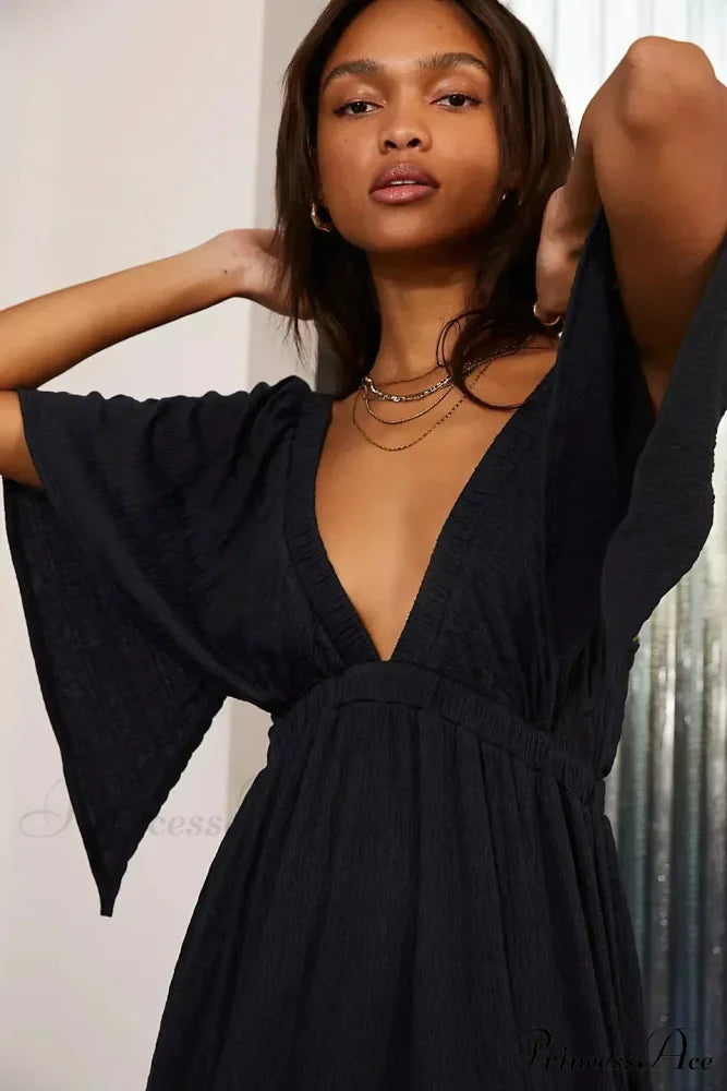 Dark Stitching Circular Neck Flare Free-Spirited Dress Black / S bohodress-250126