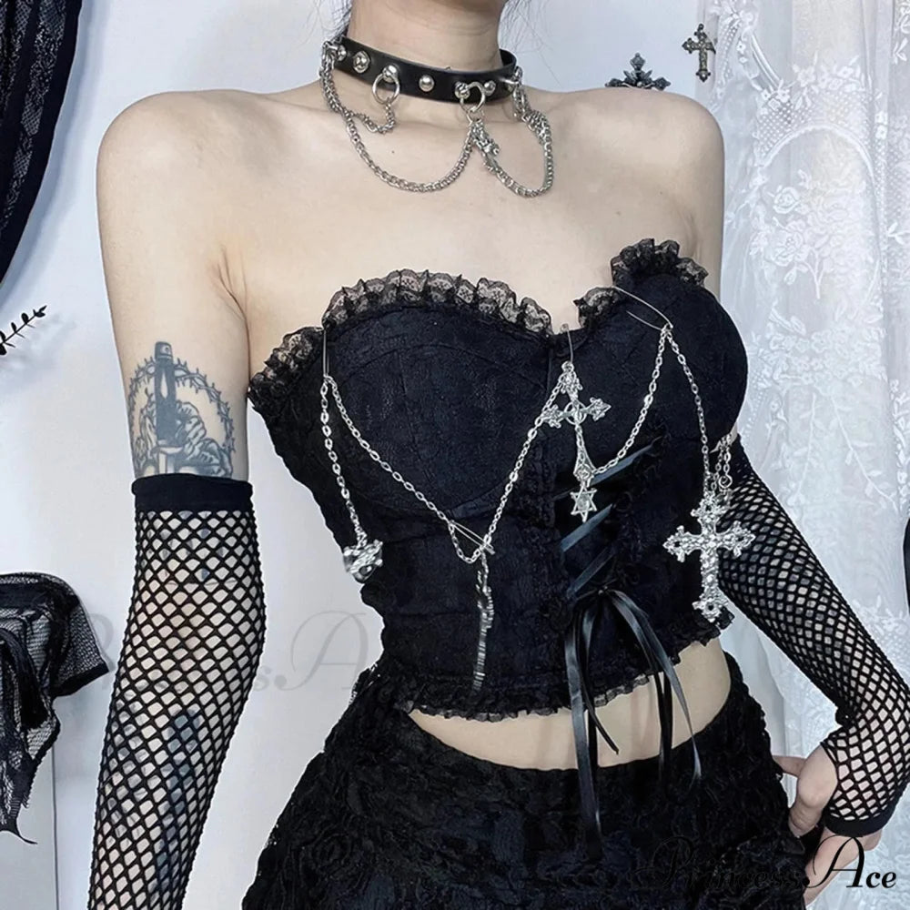 Dark Style Gothic Chain Tube Top Sexy Wrapped Chest Crop Top Black / S