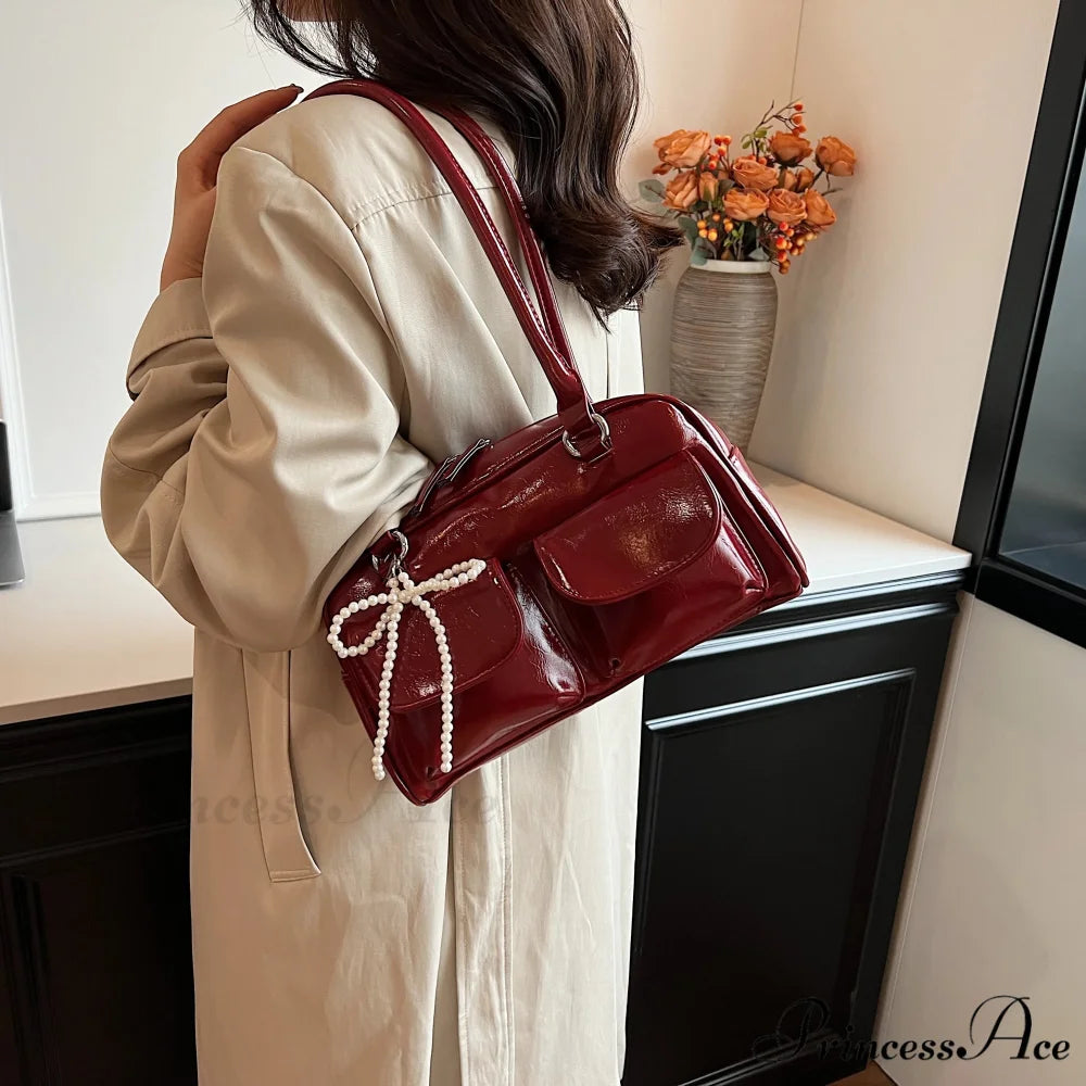 Dark Synthetic Leather Informal Shoulder Bag shoulder-250126