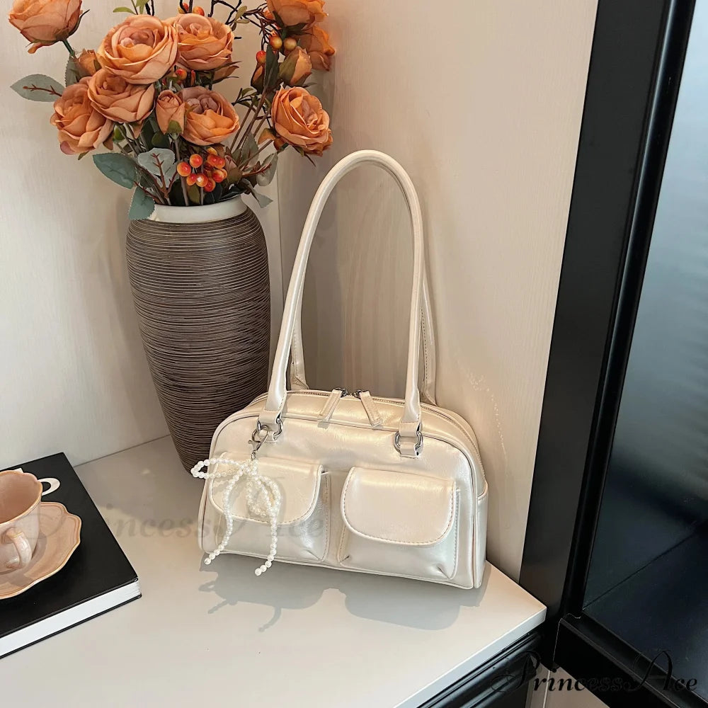 Dark Synthetic Leather Informal Shoulder Bag Beige shoulder-250126