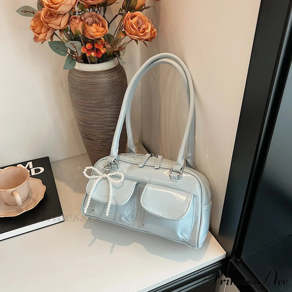 Dark Synthetic Leather Informal Shoulder Bag Blue shoulder-250126