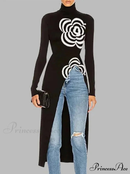 Dark Top Uneven Printed Split-Joint Sweater coffee / S swraters-241228