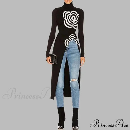 Dark Top Uneven Printed Split-Joint Sweater swraters-241228