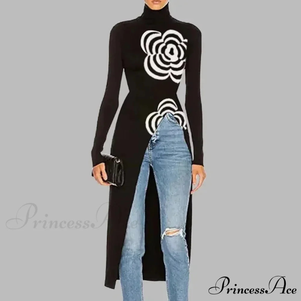 Dark Top Uneven Printed Split-Joint Sweater swraters-241228