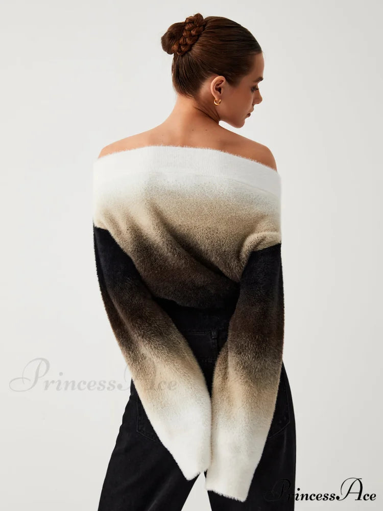 Dawn Ombre Fuzzy Trendy Off Shoulder Crop Sweater