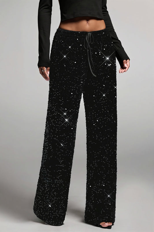 Sequin Drawstring Wide Leg Pants