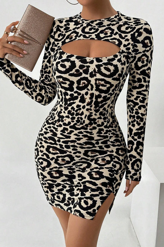 Leopard Print Cutout Long Sleeve Mini Dress