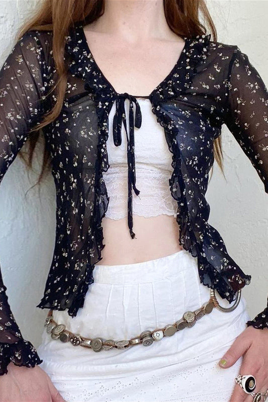French Vintage Floral Bow Tie Tulle Cardigan Blouse