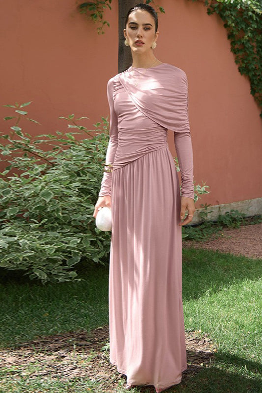 Vintage Ruched High Waist Long Sleeve Maxi Dress