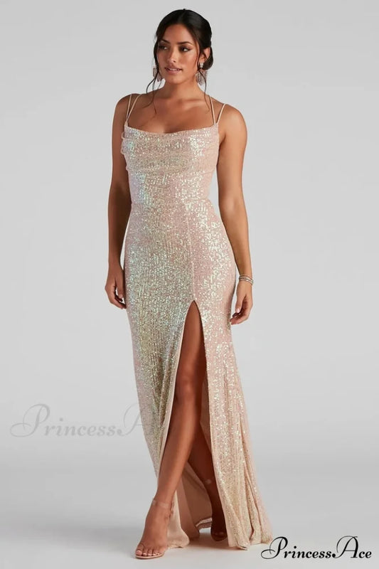 Debra Formal Sequin Charming Cowl Neck Dress