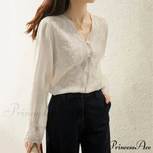 Decorated Lace Plunging Neckline Linen Top Fall Top blouse-250126