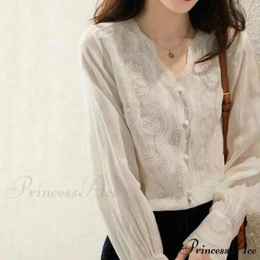 Decorated Lace Plunging Neckline Linen Top Fall Top WHITE / S blouse-250126