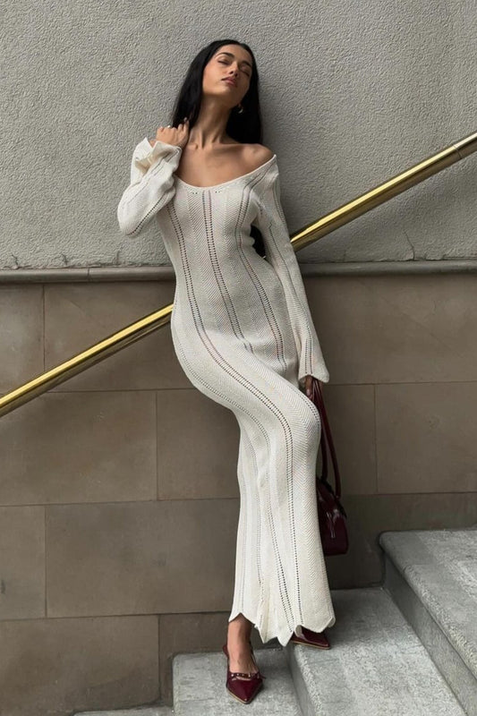Elegant U Neck Knit Flare Sleeve Sheer Cutout Bodycon Maxi Dress