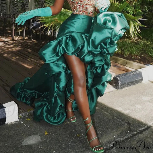 Deep Emerald High Low Skirt Frills Large Blooms Dressy Attire GREEN / S skirt-250126