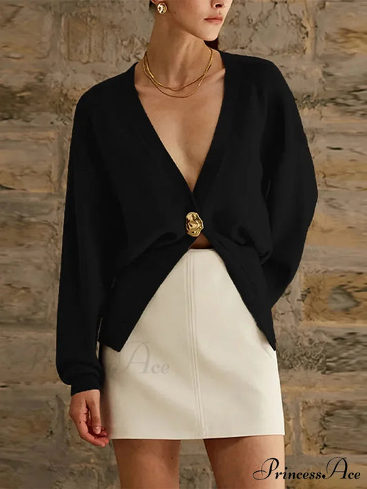 Deep-neck Button Trim Fit Cardigan Black / S cardigans-241228