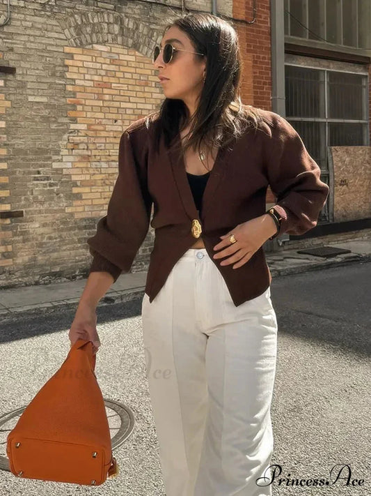 Deep-neck Button Trim Fit Cardigan Coffee / S cardigans-241228