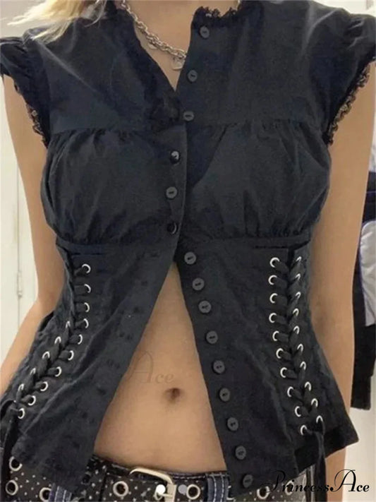 Deep-neck Buttoned Bandage Slim Cropped Lace Top blouse-250126