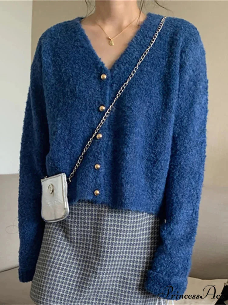 Deep-neck Cashmere Knit Cardigan Blue / One Size cardigans-241228