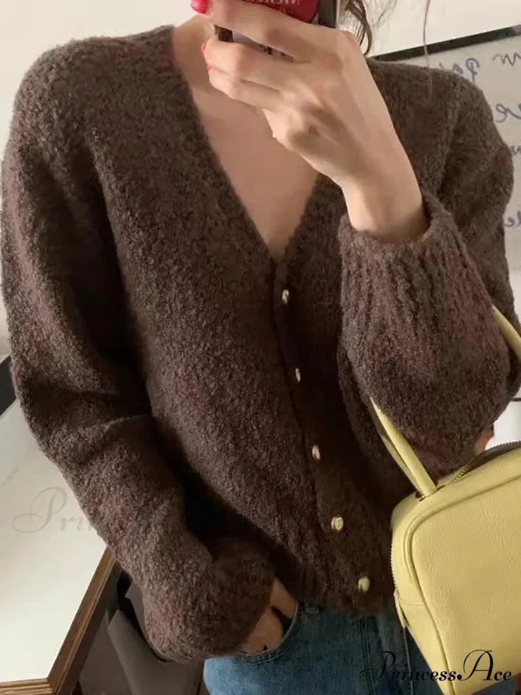 Deep-neck Cashmere Knit Cardigan Coffee / One Size cardigans-241228