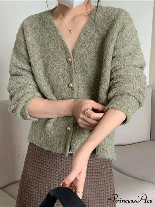 Deep-neck Cashmere Knit Cardigan Green / One Size cardigans-241228