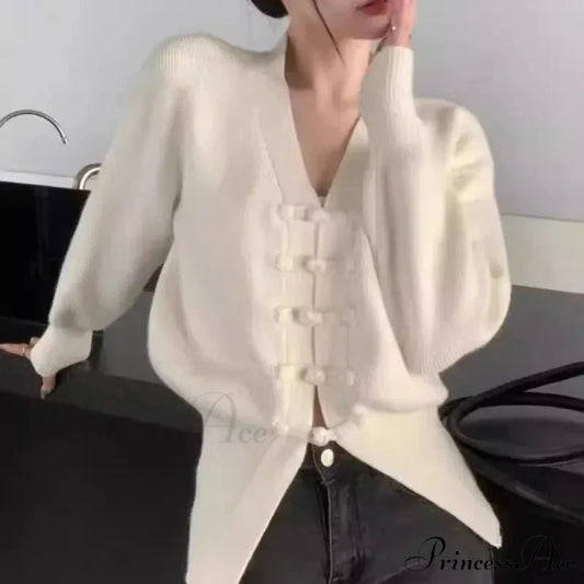 Deep-neck Clasp Lengthy Sleeve Cardigan WHITE / S cardigans-241228