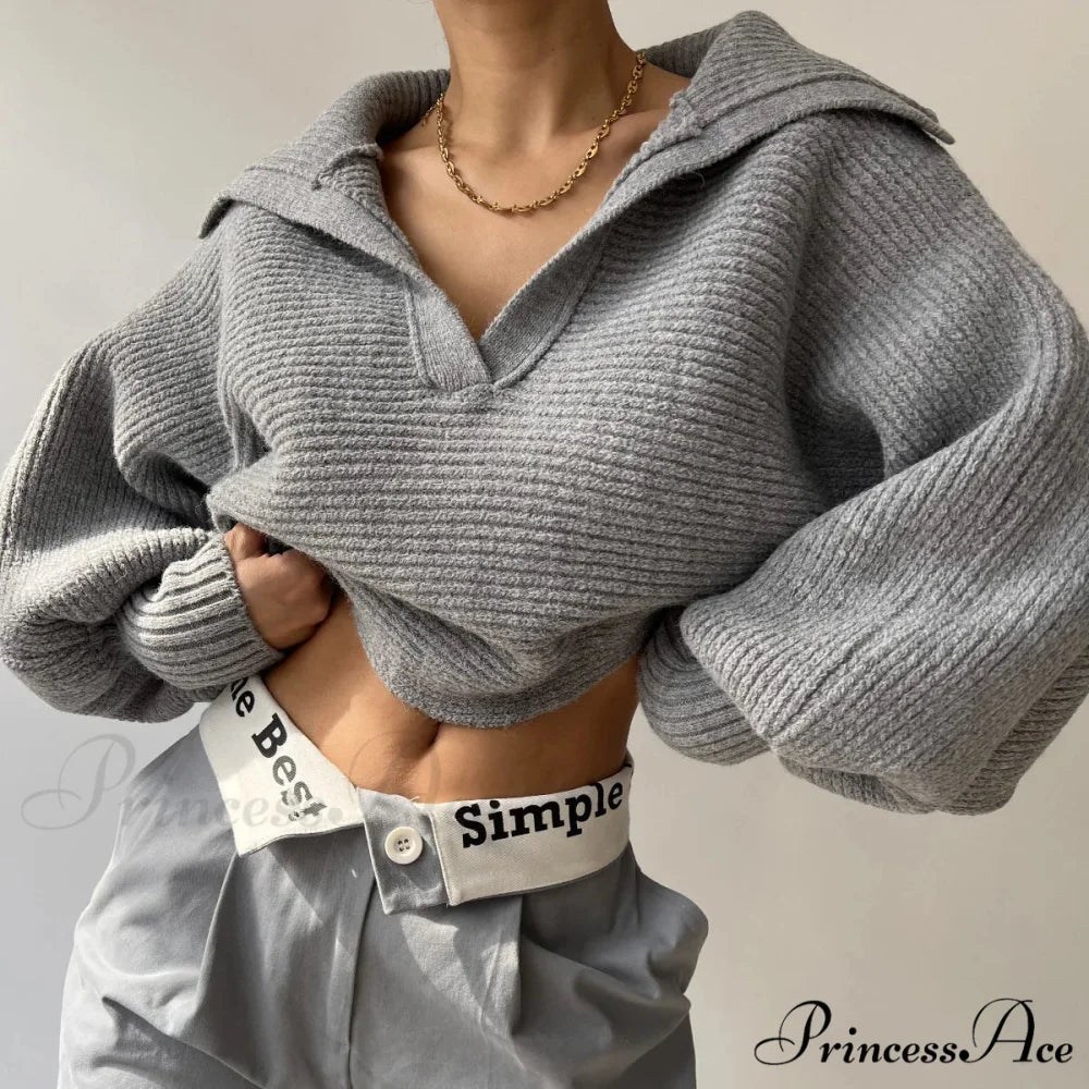 Deep-neck Cozy Ivory Jumper Gray / S swraters-241228