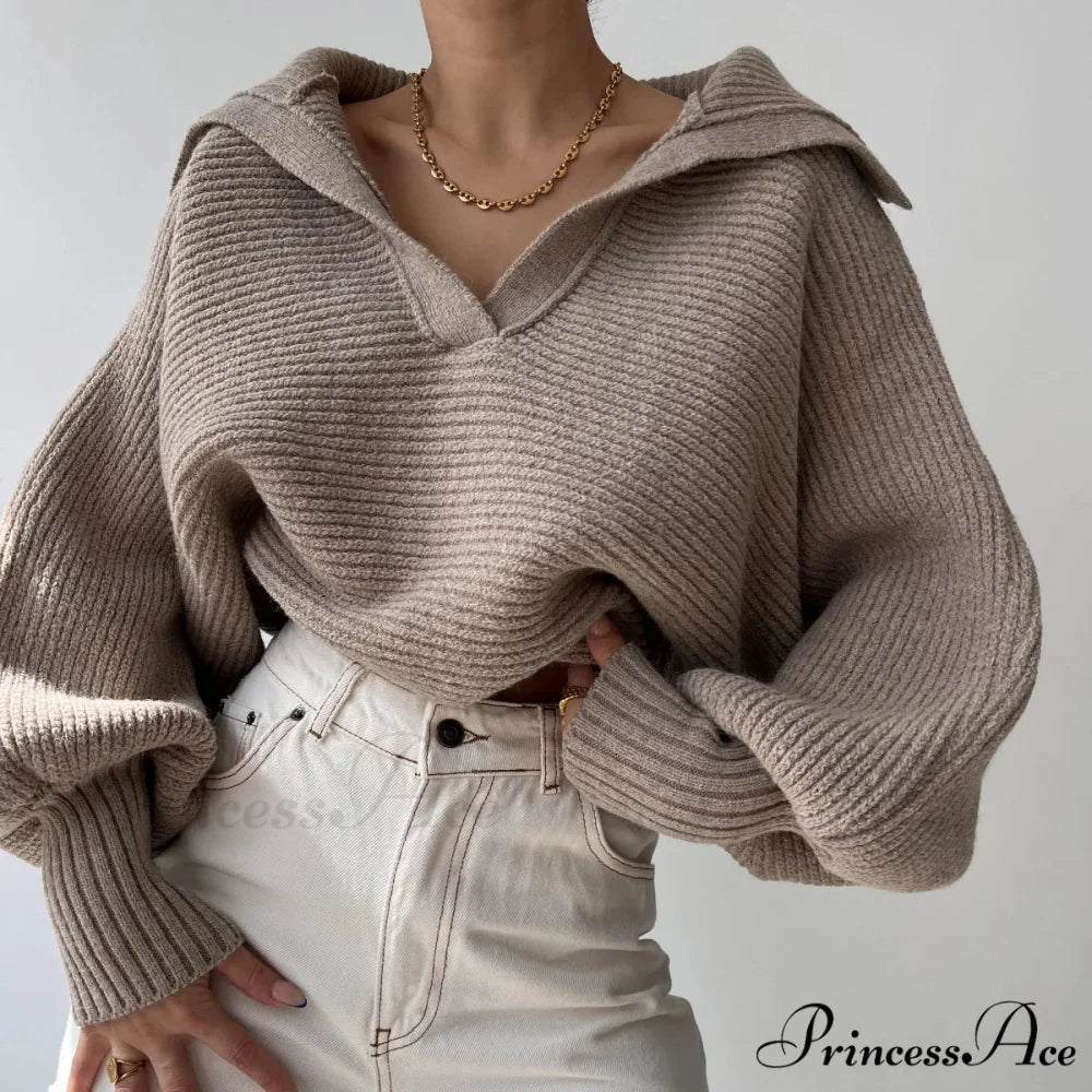 Deep-neck Cozy Ivory Jumper Khaki / S swraters-241228