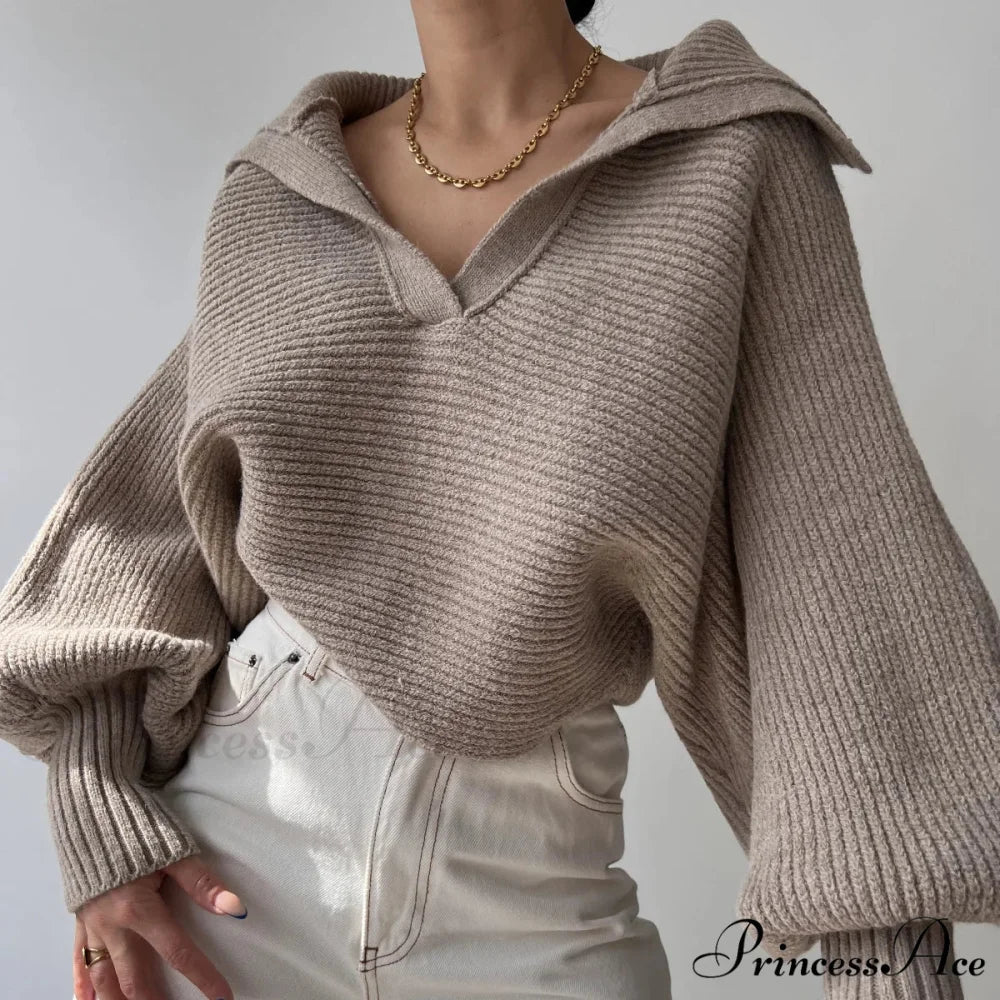 Deep-neck Cozy Ivory Jumper swraters-241228