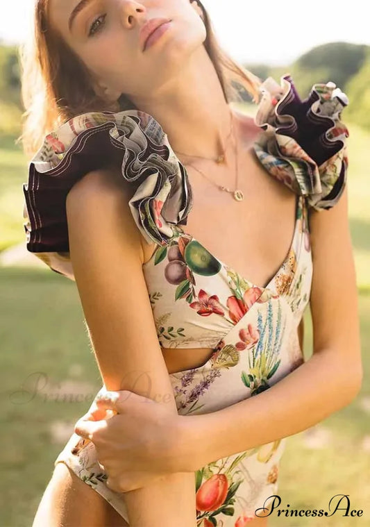 Deep-neck Frill Marbled Bandage Swimsuit One Piece onepiece-250223