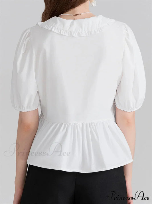 Deep-neck Front Ribbon Tie-Up Blouse blouse-250223