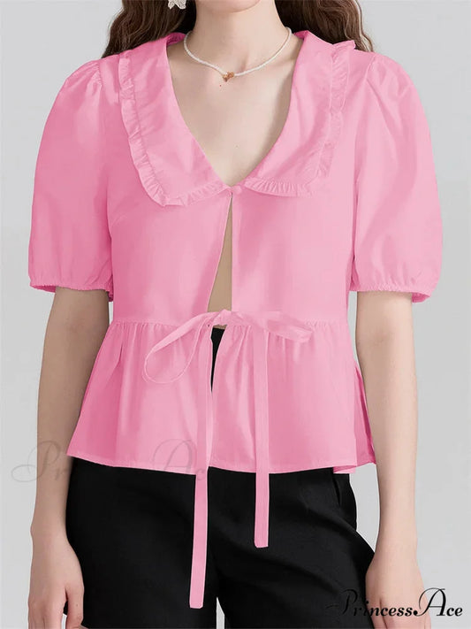 Deep-neck Front Ribbon Tie-Up Blouse pink / S blouse-250223