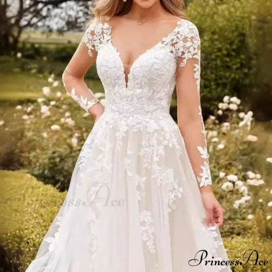 Deep-Neck Lace Flared Wedding Gown lvory white / 2 weddingdress-250223