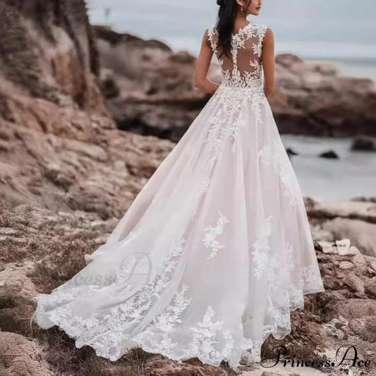 Deep-Neck Lace Flared Wedding Gown weddingdress-250223