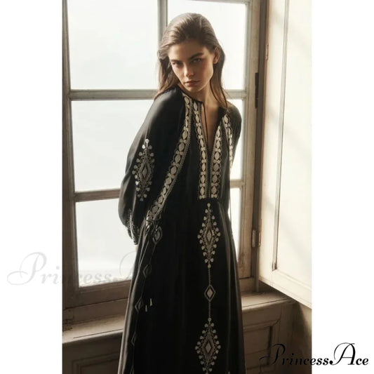 Deep-neck Lantern Sleeve Loose Fit Cotton Bohemian Dress Black / S bohodress-250126