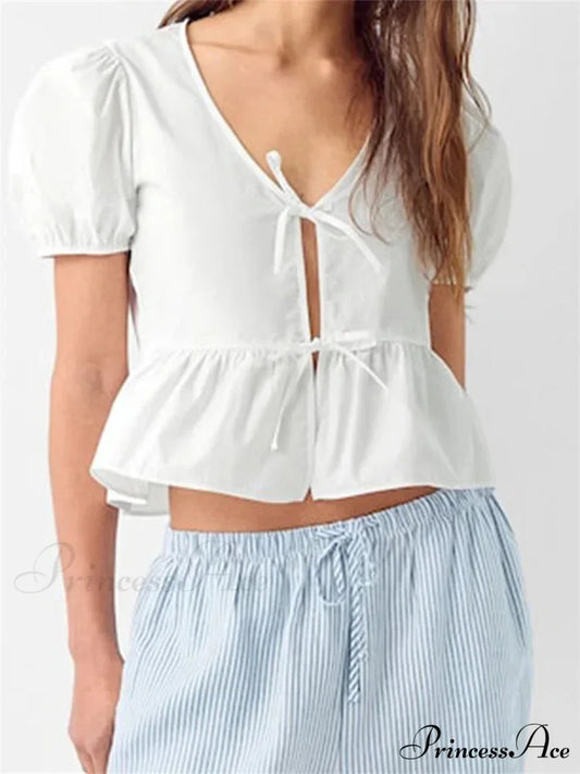 Deep-neck Open Front Bind-up Short Sleeve Blouse blouse-250126