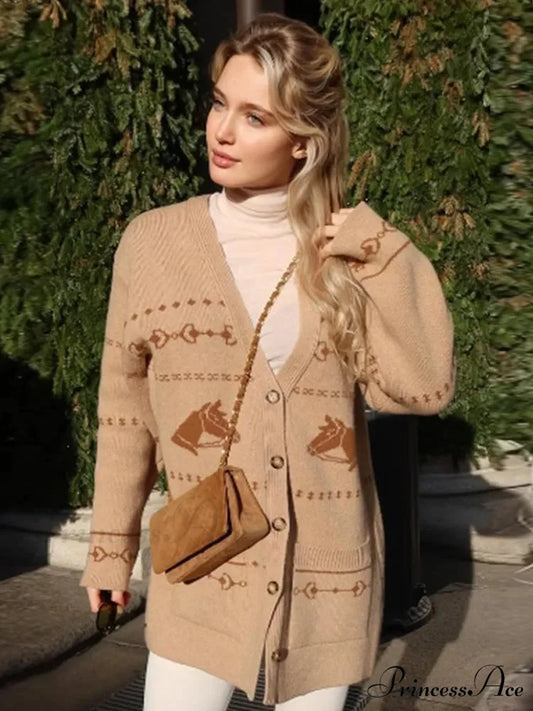 Deep-neck Patterned Button Cardigan Brown / S cardigans-241228