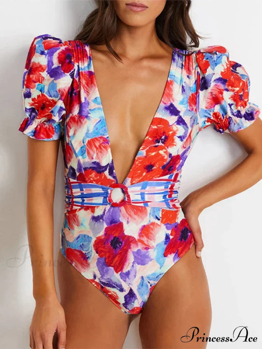 Deep-neck Patterned Puffy Sleeve Swimsuit Single Piece red / S onepiece-250223