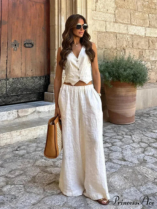 Deep-neck Sleeveless Broad Leg Workplace Two Piece Set white Vest / S officetwopieceset-250223