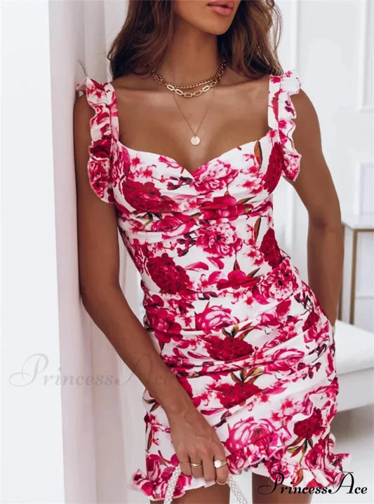 Deep-neck Sleeveless Frill Botanical Printed Bodycon Botanical Dress Rose Red / S floraldress-250126