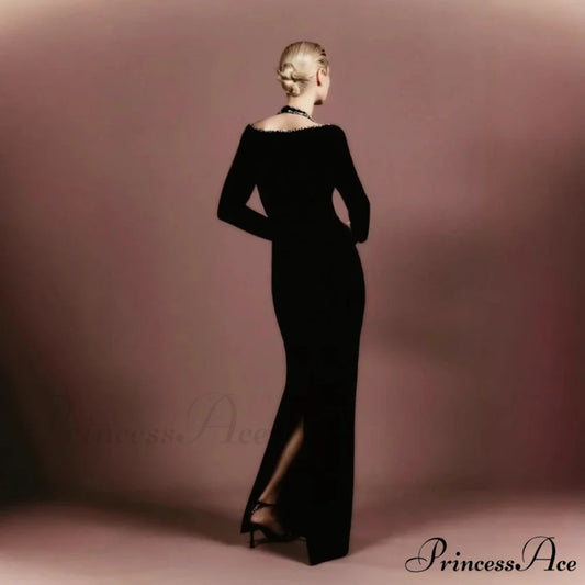 Deep Neck Sparkling Bandage Long Sleeve Autumn Prom Dress black / XS promdress-250223