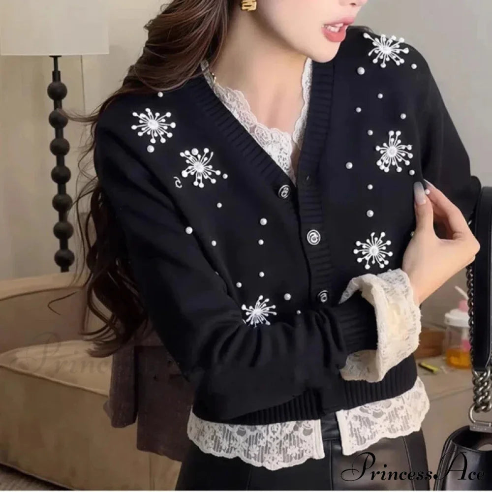 Deep-neck Stitched Patchwork Sweater cardigans-241228