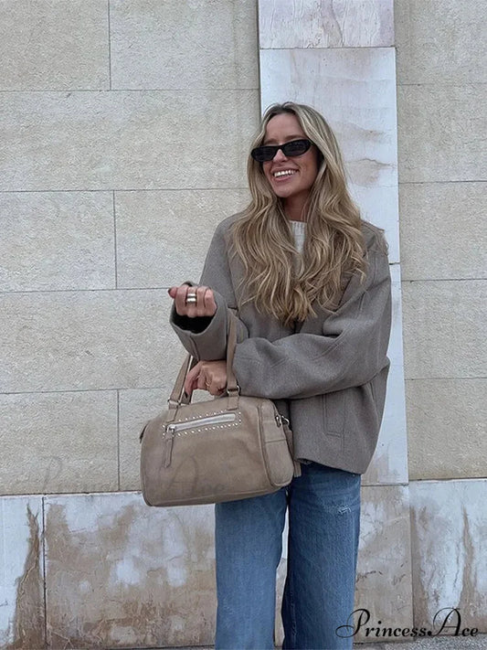 Deep-neck Unmarried Buttoned Wool Overcoat deep khakis / S coats-241228