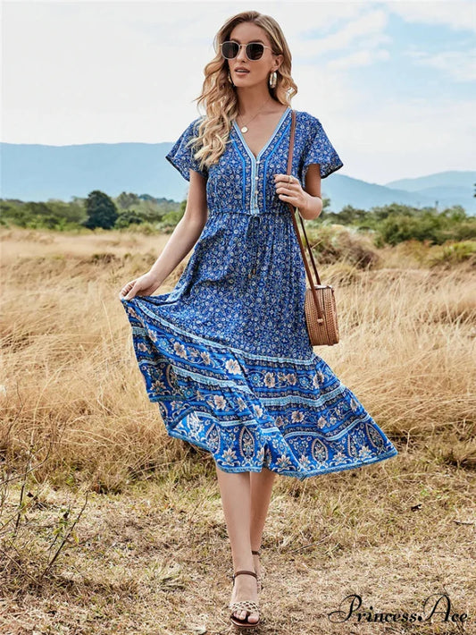 Deep Plunge Floral Button Pleated Maxi Boho Dress Blue / S bohodress-250126
