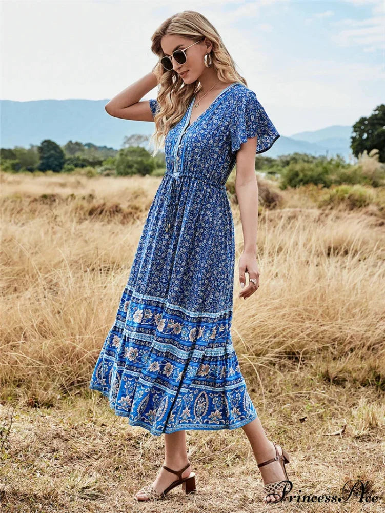 Deep Plunge Floral Button Pleated Maxi Boho Dress bohodress-250126